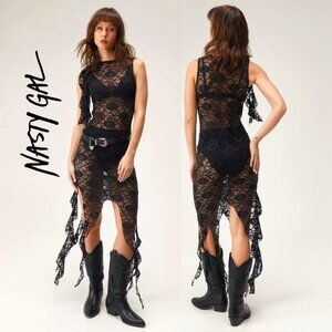 💋GORGEOUS BOHO CHIC💋 Asymmetrical Frilled Mini Dress in Floral Black Lace